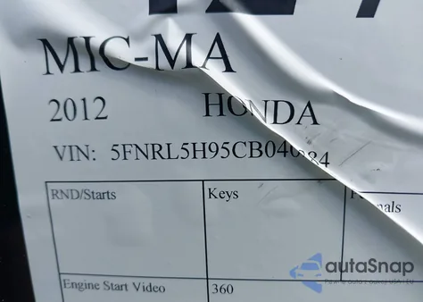 2012 Honda Odyssey Touring/Touring Elite from USA, damaged, VIN 5FNRL5H95CB040384